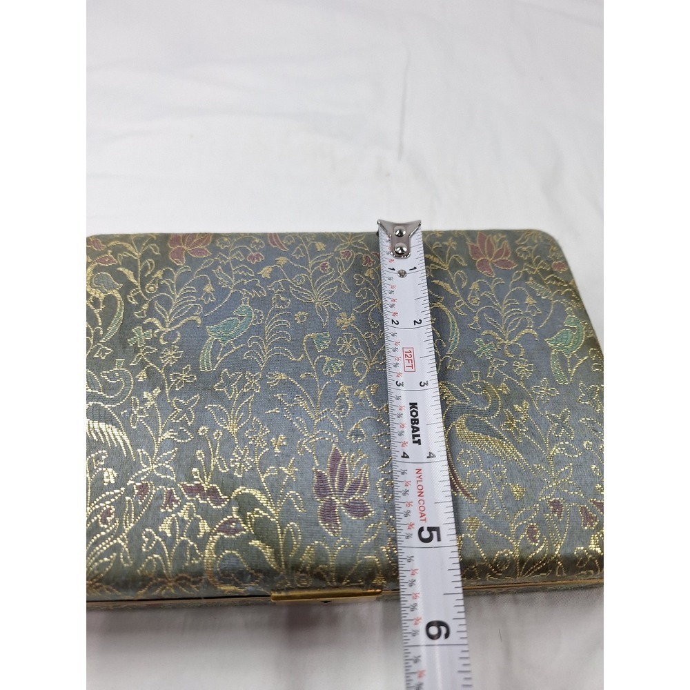 Vintage Blue Silk Brocade Jewelry Box Gold Floral Bird Pattern with Key - Picture 9 of 13